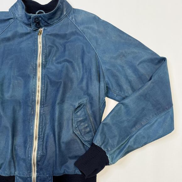 Brogden Track Jacket Mens Large Blue Leather Bomber Raglan Two-Way Zip Rib Knit - Picture 3 of 16